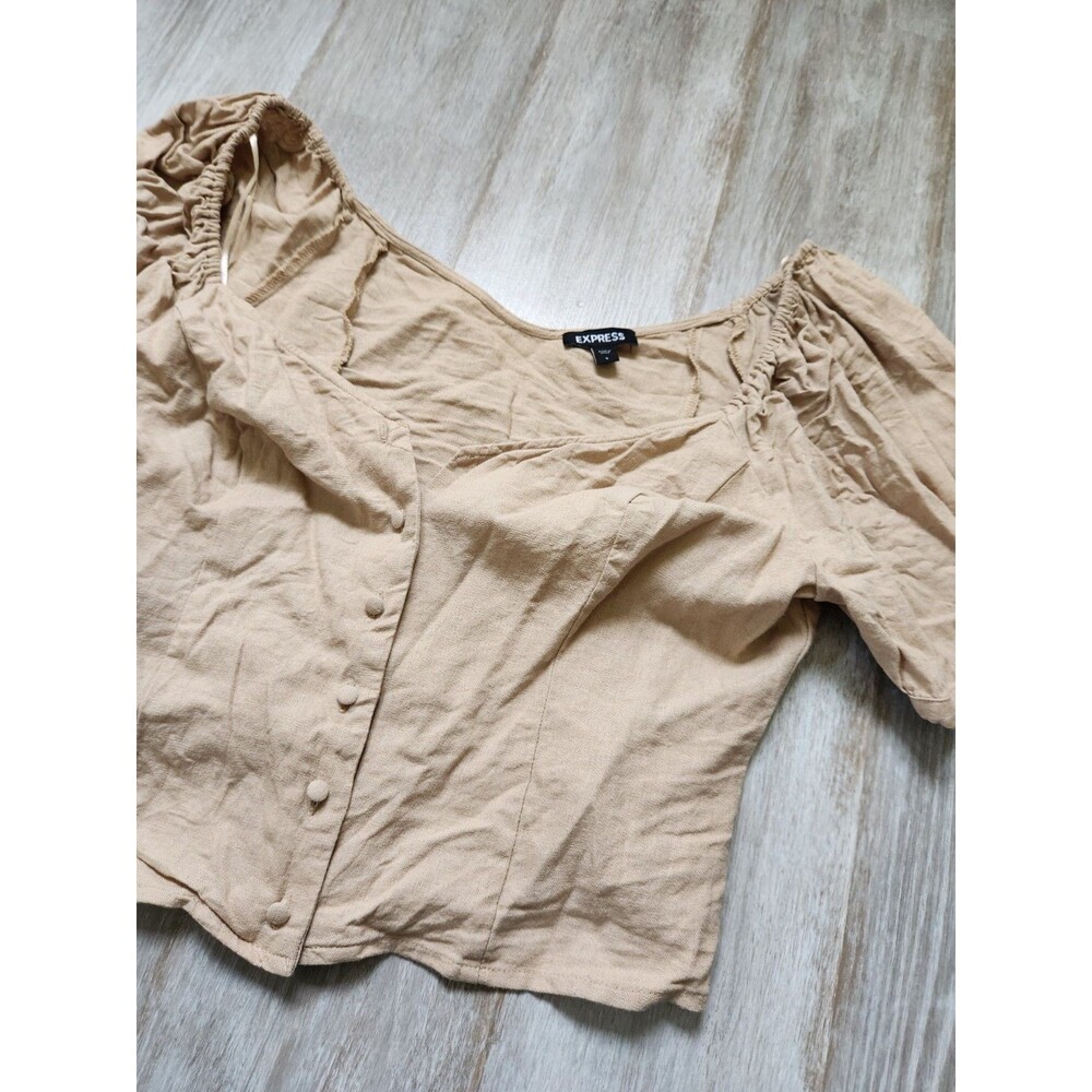 Express Linen Blend Crop Top Womens L Tan Puff Sleeve Cottagecore Peasant GUC - Picture 2 of 9